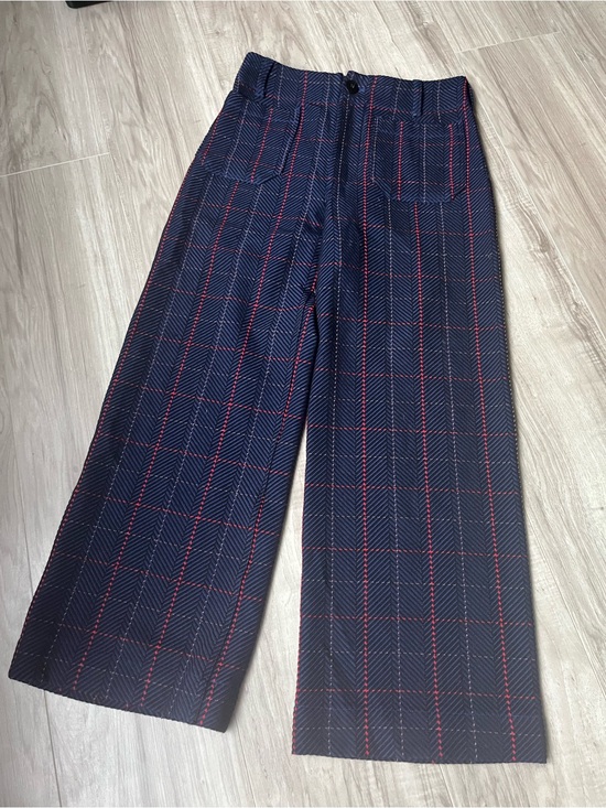 Maeve Pants - Maeve Navy Plaid Wide-Leg Pants with Red Windowpane